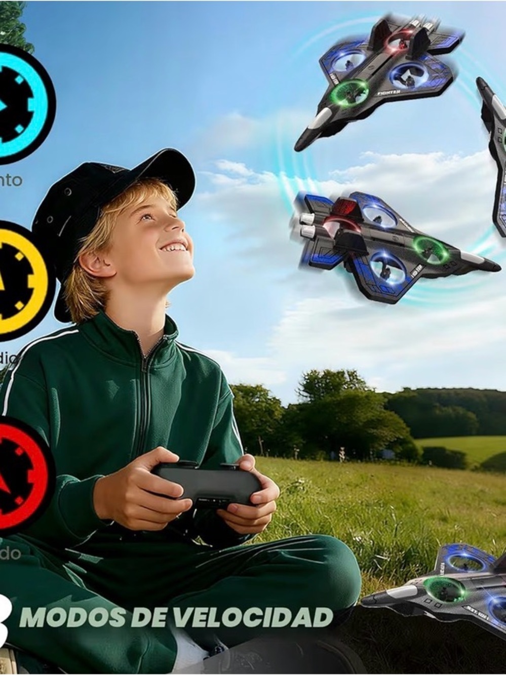 Fighter LED Remote Control Drone - Black with Blue Accents